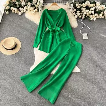 Осенний костюм-двойка, нишевый дизайн, шнуровка на талии, вязаный кардиган с длинными рукавами, пальто, свободные широкие брюки с высокой талией One Size чёрный