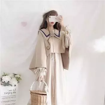 Осенний костюм, платье, женский костюм, кукольный воротник, длинное платье, накидка, шаль, комплект из двух предметов 2XL бежевый