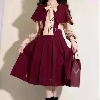 Осенний костюм-тройка, женская свободная накидка, шаль + рубашка с галстуком + платье на подтяжках 2XL разноцветный