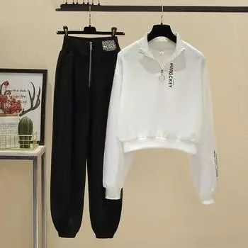 Осенний костюм женский новый корейский вариант модный короткий принтованный свитер на молнии повседневные спортивные штаны комплект из двух предметов M