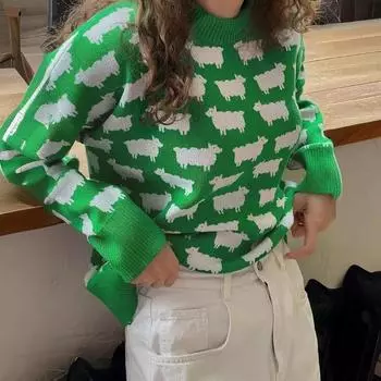 Осенний круглый вырез с принтом овцы свитер женский модный зимний длинный рукав свободный повседневный вязаный свитер женский ретро теплый трикотажный джемпер 24646 S серый