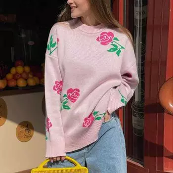 Осенний круглый вырез с принтом розы вязаный свитер женский зимний новый модный свободный пуловер свитера женский винтажный элегантный теплый повседневный трикотаж топы 24647 S розовый