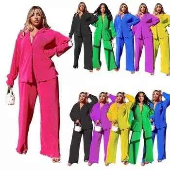 Осенний курортный стиль, рубашка с лацканами в стиле ретро и эластичной талией, широкие брюки, комплект из двух предметов, женский костюм One Size чёрный