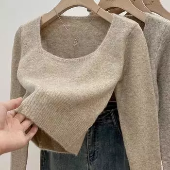 Осенний квадратный воротник, сексуальный облегающий вязаный свитер для женщин, модные зимние пуловеры, женские свитера, топы, элегантные мягкие теплые женские вязаные джемперы 25863 One Size