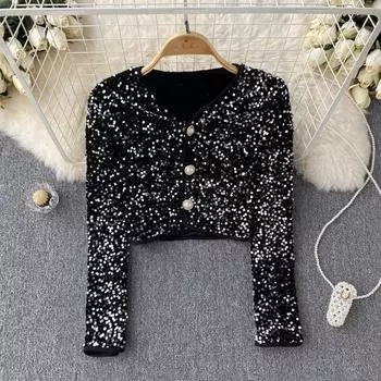 Осенний легкий однобортный короткий шикарный свитер Sense с блестками и V-образным вырезом в дизайне Mature Wind Design