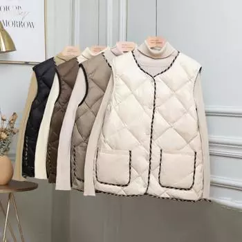 Осенний легкий пуховый жилет женский короткий маленький ароматный пуховый жилет без воротника белый утиный пуховый жилет куртка зимняя M хаки
