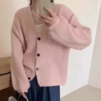 Осенний ленивый мягкий липкий вязаный кардиган женский свободный V-образный вырез модный свитер женский жакет удобный универсальный и модный S неоновый жёлтый