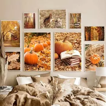 Осенний лес, белка, деревянный дом, природный пейзаж, настенная живопись, холст, картина, тыква, кленовый лист, постеры, декор для гостиной 21x30cm No Frame