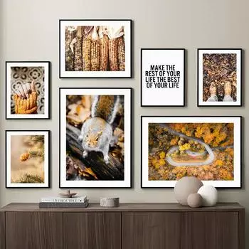 Осенний лес, кукуруза, тыква, белка, настенная живопись на холсте, украшение для гостиной, постеры и принты, настенные панно A4 21X30cm No Framed
