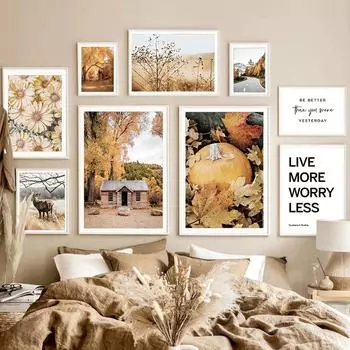 Осенний лес, настенная живопись, деревянный олень, хризантемы, постеры и принты, настенные панно, холст, живопись для гостиной, домашний декор 21x30cm No Frame