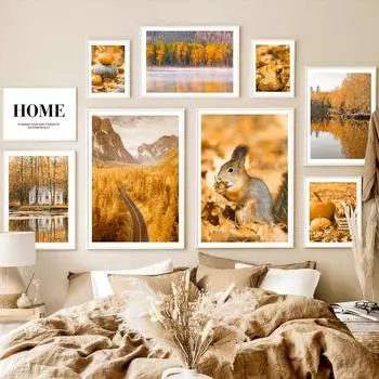 Осенний лес, шоссе, озеро, тыква, белка, деревня, плакат на скандинавскую тему, настенный художественный принт, холст, живопись, настенные панно для декора спальни A4 21X30cm No Framed