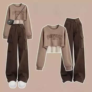 Осенний милый крутой костюм студенток, корейская версия свободного короткого свитера + жилет + комбинезон, тренд из трех предметов XL чёрный