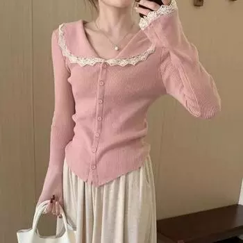 Осенний милый кружевной отложной воротник вязаный кардиган женский облегающий зимний повседневный женский кардиган свитера винтажный однотонный расклешенный рукав свитер 26061 One Size розовый