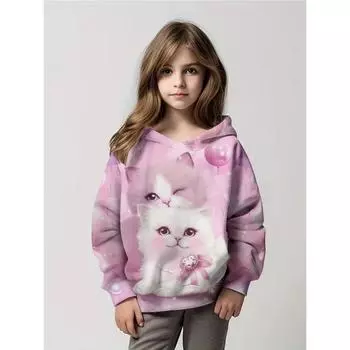 Осенний милый мультяшный кот с 3D-принтом, детский пуловер, свободный, повседневный, модный, для девочек, с круглым вырезом, длинным рукавом, с капюшоном, толстовка Y2K 100