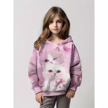 Осенний милый мультяшный кот с 3D-принтом, детский пуловер, свободный, повседневный, модный, с круглым вырезом и длинным рукавом, с капюшоном, толстовка Y2K 100CM