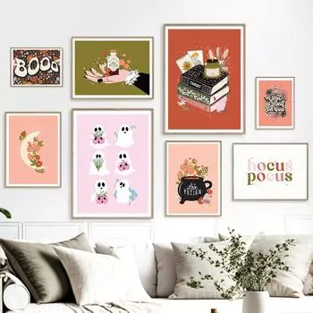 Осенний милый трюк, холст, тыква, ведьма, фреска, богемный лунный полевой цветок, художественный плакат на Хэллоуин 21cm30cm NoFrame