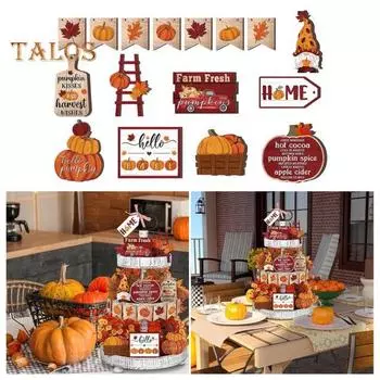 Осенний многоярусный декоративный набор для подносов, деревянная фигурка гнома в виде тыквы на День благодарения, кленовый лист, фермерский дом, осенний урожай, табличка на стол для осенних вечеринок, домашний декор A