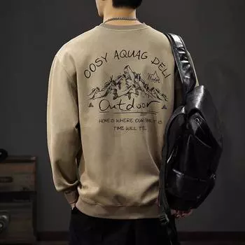 Осенний модный брендовый мужской свитер с принтом в гору, американский ретро-стильный топ, плотный повседневный пуловер, куртка S хаки