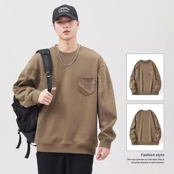 Осенний модный брендовый ретро-сплайсинговый свитер, мужской свободный, большого размера 410G, тяжелая круглая горловина, повседневный спортивный топ M хаки