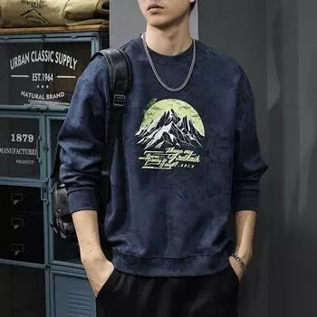 Осенний модный брендовый свитер с принтом в виде гор, мужская ретро-стирка с длинными рукавами, американская повседневная свободная рубашка большого размера M