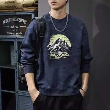 Осенний модный брендовый свитер с принтом в виде гор, мужская ретро-стирка с длинными рукавами, американская повседневная свободная рубашка большого размера M