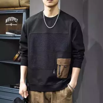 Осенний модный брендовый свитер с текстурой в стиле сращивания, мужской, американский, ретро, с карманами, с грубым потертостями, свободный топ с круглым вырезом M
