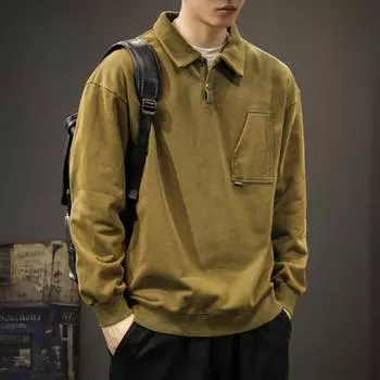 Осенний модный брендовый тяжелый американский ретро-свитер с воротником-поло, мужской свободный свитер большого размера с лацканами, универсальный, хулиганский, красивый, с длинными рукавами M чёрный