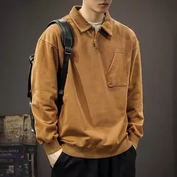 Осенний модный брендовый тяжелый американский ретро-свитер с воротником-поло, мужской свободный свитер большого размера с лацканами, универсальный, хулиганский, красивый, с длинными рукавами M армия зеленый