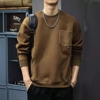 Осенний модный фирменный карманный свитер мужской американский ретро тяжелый сращивающийся круглый вырез топ свободный большой размер повседневная куртка M чёрный