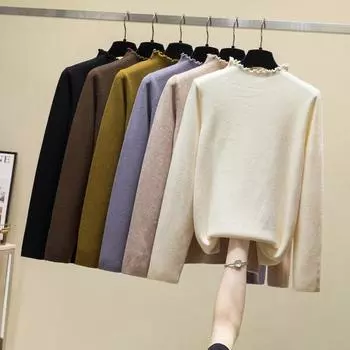 Осенний модный мягкий пуловер, женский вязаный свитер в Корейском стиле со рюшами, полуводолазка с длинными рукавами, джемпер, базовая одежда 23941 One Size чёрный