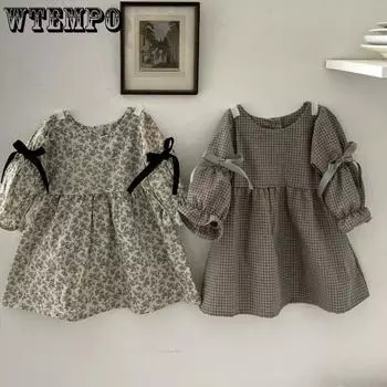 Осенний модный новый детский костюм для девочек, детское клетчатое платье принцессы с бантом, детские хлопковые повседневные хлопковые платья с рюшами, вечерние платья с длинными рукавами 73 хаки