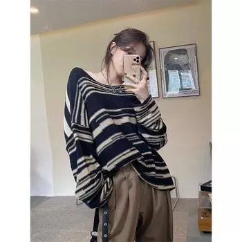 Осенний модный полосатый женский тонкий свитер, свободная вязаная верхняя одежда One Size чёрный
