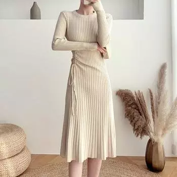 Осенний модный повседневный свитер-миди с завязками, женские элегантные трикотажные платья с однотонным низом, новинка One Size чёрный