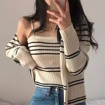 Осенний модный ретро полосатый вязаный кардиган на бретельках + жилет облегающий короткий топ с длинным рукавом женский темпераментный внутренний жилет S бежевый