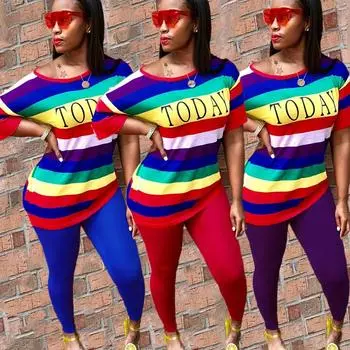 Осенний модный спортивный женский комплект, футболка в радужную полоску с буквенным принтом, узкие брюки-карандаш, костюм из двух предметов, элегантный спортивный костюм S синий