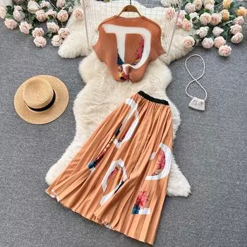 Осенний модный свободный вязаный топ в Европе и США плюс плиссированная юбка до середины тела с принтом, комплект из двух предметов