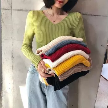 Осенний модный женский обтягивающий эластичный повседневный свитер с длинным рукавом и v-образным вырезом, женские трикотажные рубашки, пуловер, топ, женские свитера One Size