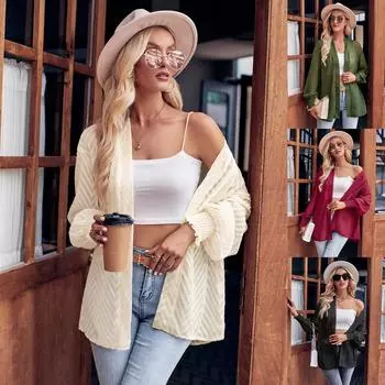 Осенний модный женский топ, повседневное женское пальто, однотонное пальто, свободный вязаный кардиган, женская одежда, женский осенний топ, четыре цвета, пальто S-XL S чёрный