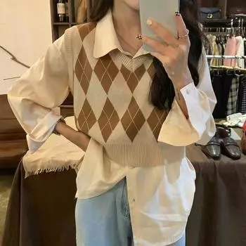 Осенний модный женский винтажный клетчатый свитер, жилеты, женские топы на бретелях, вязаный укороченный топ, женский вязаный жилет без рукавов, жилет S коричневый