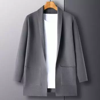 Осенний мужской кардиган средней длины, однотонный, с воротником, трикотажный жакет, свободный свитер для молодых и средних лет M