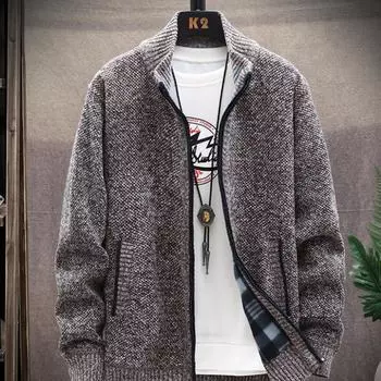 Осенний мужской кардиган, свитер, утепленные толстовки для молодых мужчин с воротником-стойкой на молнии, свободное пальто L