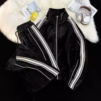 Осенний мужской комплект из полосатого свитера и брюк из золотистого бархата 2024 года 3XL чёрный