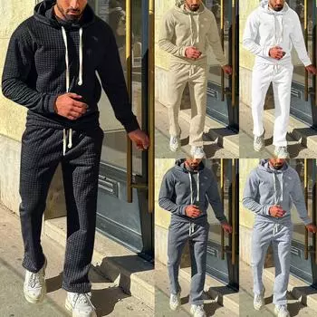 Осенний мужской однотонный повседневный костюм с капюшоном, рубашка поло, свободные брюки, комплект из двух предметов XXL чёрный