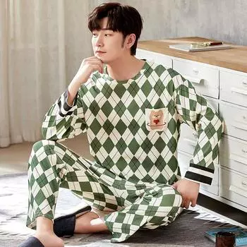 Осенний мужской пижамный комплект из хлопка с длинными рукавами, брюки, домашний костюм для влюбленных с героями мультфильмов, удобная двухкомпонентная пижама L тёмно-синий/серый