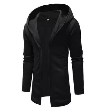 Осенний мужской повседневный однотонный кардиган средней длины с капюшоном и длинными рукавами XXL чёрный