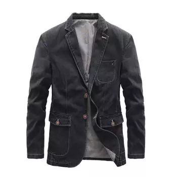 Осенний мужской ретро джинсовый костюм повседневный маленький костюм платье одинарный вестерн куртка S чёрный