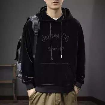 Осенний мужской свитер из плотного бархата 400 г, американская ретро-куртка с вышитыми объемными буквами и карманами на капюшоне M серебряный серый