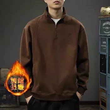 Осенний мужской свитер из плотного флиса с воротником-стойкой, американская ретро-рубашка-поло, свободная куртка-пуловер с полумолнией M темно-коричневого