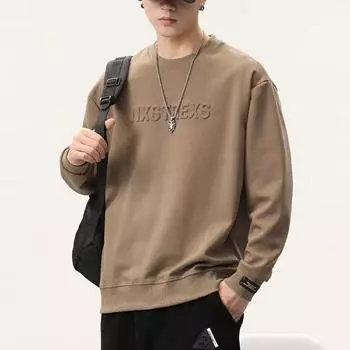 Осенний мужской свитер с круглым вырезом, пуловер с металлическим принтом, простой свободный, с длинным рукавом, осенне-зимний трендовый топ M света кофе