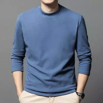 Осенний мужской свитер с полу-воротником, однотонный, теплый, свободный, трикотажный, нижняя часть, рубашка, верх M светло-синий